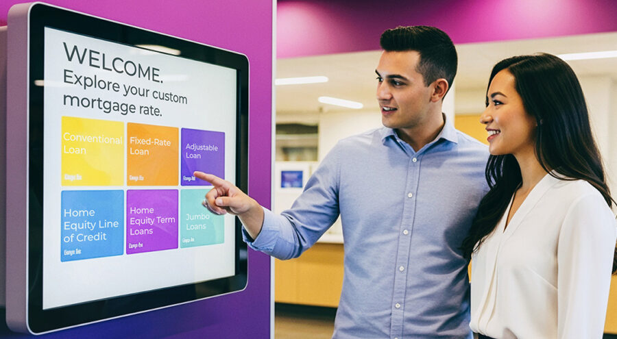 Man and woman looking at a bank touchscreen