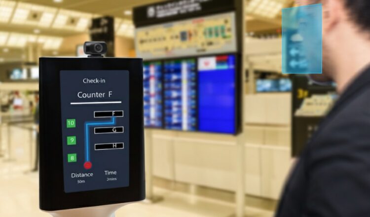 Man looking at AI check-in screen for digital signage in transportation
