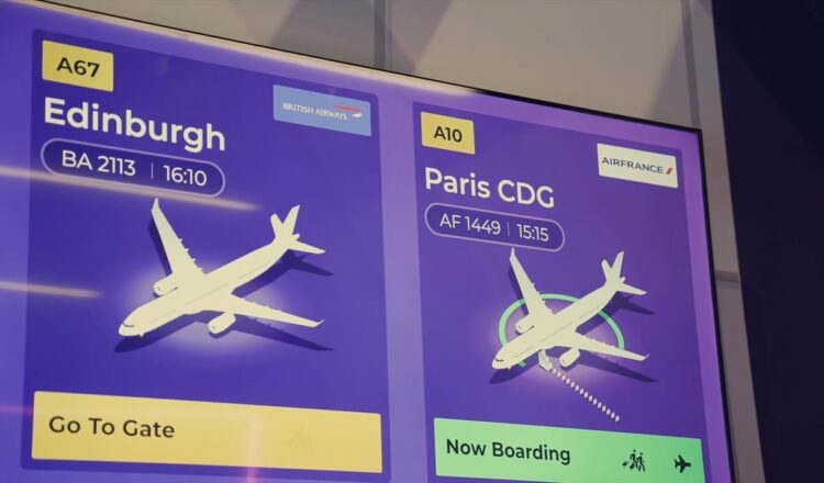 Example of digital signage for airports featuring flight departure and gate information