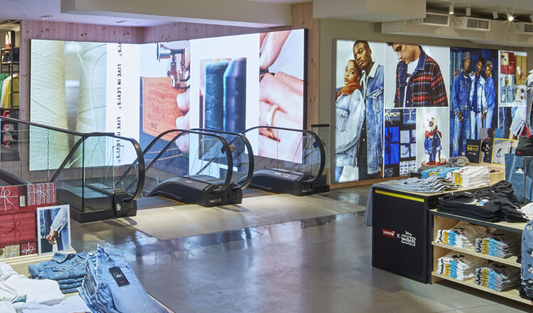 Levi's Jeans retail digital signage video wall powered by BrightSign